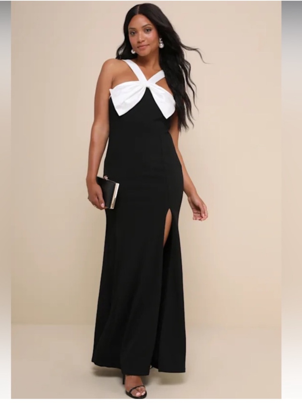 Lulu’s Black Evening Gown with White Bow Accent
